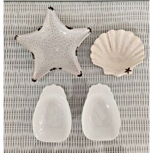 Vintage White Ceramic Coastal Lot Starfish Clam Shell Pineapple Dishes 4pc Set